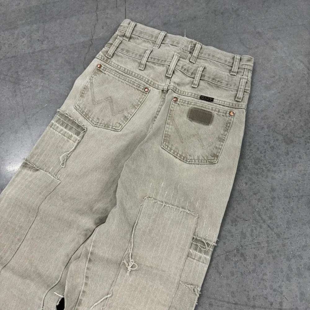 1 OF 1 Fedi Cartel VINTAGE 90s Wranger PATCHWORK BAGGY Tan Denim Jeans - 28/33